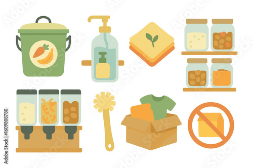 Zero Waste Icons. Flat vector mini-illustrations of zero waste household tips in colors children's