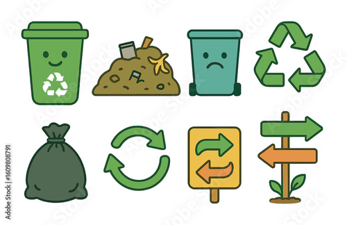 Recycle vs Landfill. Flat vector mini-illustrations of landfill vs recycle in colors children's illustrations: