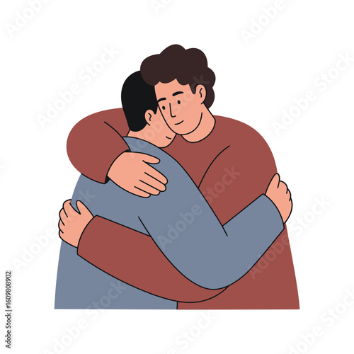 Two men embracing showing support friendship and togetherness vector illustration of male hug