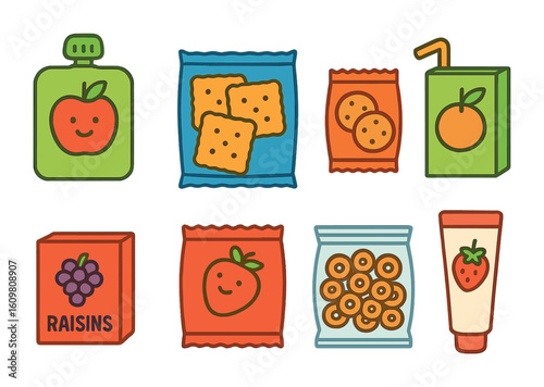 Kids Snack Icons. Flat vector mini-illustrations of kids’ snack bin in colors children's illustrations:
