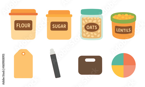 Colorful Pantry Illustrations. Flat vector mini-illustrations of labeled pantry containers in colors