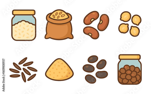 Grains and Legumes Icons. Flat vector mini-illustrations of grains and legumes section in colors children's