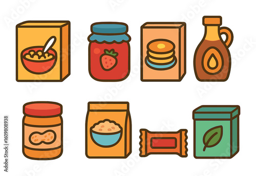 Colorful Breakfast Icons. Flat vector mini-illustrations of pantry breakfast items in colors children's