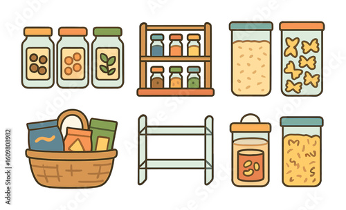 Pantry Organization Icons. Flat vector mini-illustrations of arranging pantry items by category in colors