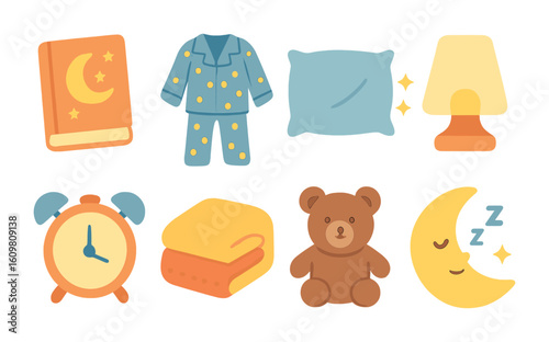 Sleep Routine Icons. Flat vector mini-illustrations of sleep routine in colors children's illustrations: