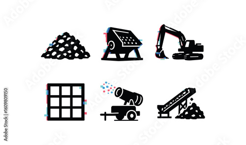 isolated backgond bble cshed pile bble debris screen bble clearing ecavator bble sorting bble dust suppression unit bble aggregate conveyor