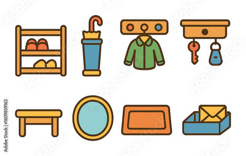 Entryway Storage Icons. Flat vector mini-illustrations of storage solutions for entryways in colors children's