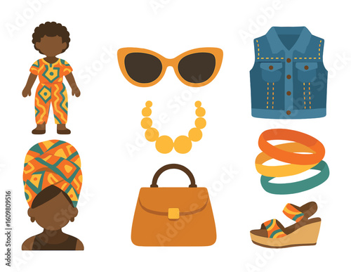 African Fashion Icons. Flat vector mini-illustrations of contemporary African fashion fusion in colors