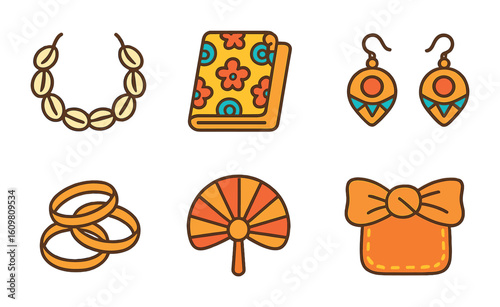 West African Accessories. Flat vector mini-illustrations of West African fashion accessories in colors