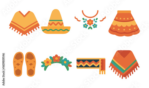 Latin American Outfits Icons. Flat vector mini-illustrations of Latin American traditional outfits in colors