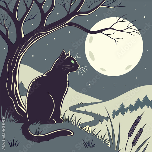 A sleek black cat with luminous green eyes sits serenely rendered as a detailed vector illustration perfect for mystical or nocturnal themes