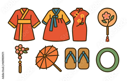 Asian Fashion Icons. Flat vector mini-illustrations of Asian fashion trends in colors children's illustrations