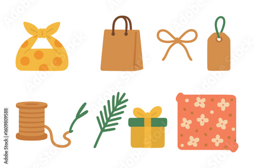 Eco Gift Wrapping Icons. Flat vector mini-illustrations of eco gift wrapping options in colors children's
