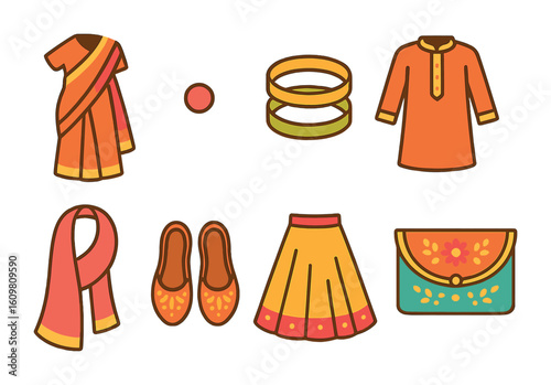 Colorful Indian Attire. Flat vector mini-illustrations of traditional Indian clothing in colors children's