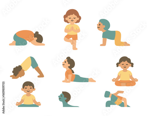 Yoga Poses for Kids. Flat vector mini-illustrations of calming yoga poses in colors children's illustrations: