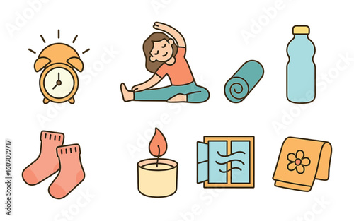 Morning Yoga Icons. Flat vector mini-illustrations of morning yoga routine in colors children's illustrations: