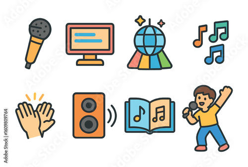 Karaoke Kids Icons. Flat vector mini-illustrations of home karaoke night in colors children's illustrations: