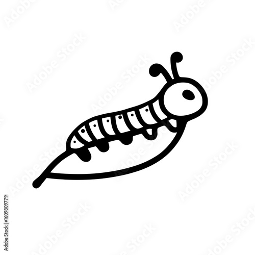 Cartoon caterpillar with a smiling face on a leaf illustration on a white background with copy space