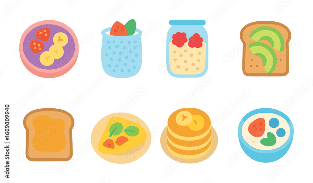 Fototapeta premium Healthy Breakfast Swaps. Flat vector mini-illustrations of healthy breakfast swaps in colors children's