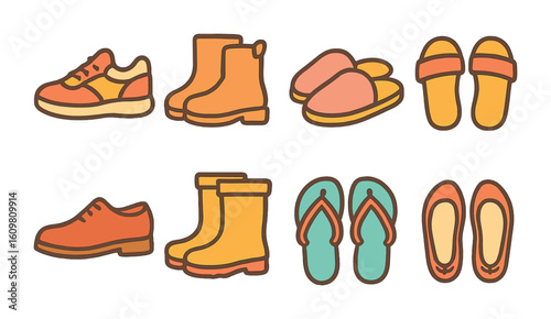 Kids' Shoe Closet. Flat vector mini-illustrations of shoe types in closet organization in colors children's