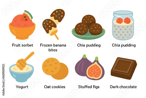 Healthy Dessert Icons. Flat vector mini-illustrations of healthier dessert ideas in colors children's