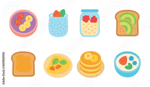 Healthy Breakfast Swaps. Flat vector mini-illustrations of healthy breakfast swaps in colors children's