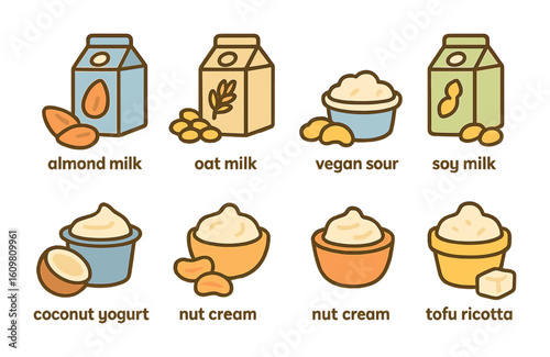 Plant-Based Dairy Alternatives. Flat vector mini-illustrations of plant-based dairy swaps in colors children's