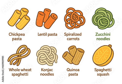 Healthy Pasta Alternatives. Flat vector mini-illustrations of healthy pasta swaps in colors children's