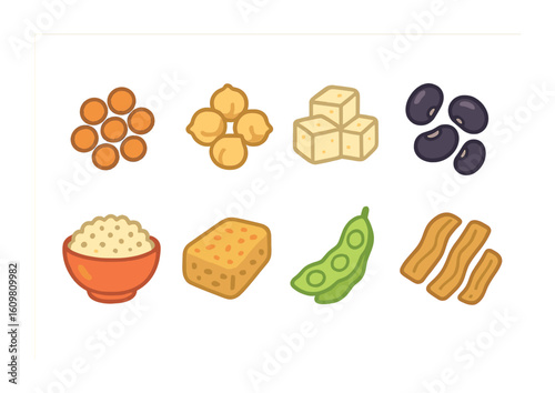 Protein-Rich Food Icons. Flat vector mini-illustrations of protein-rich food swaps in colors children's