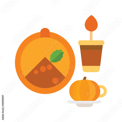 flat lay of fall breakfast with pumpkin pie and coffee