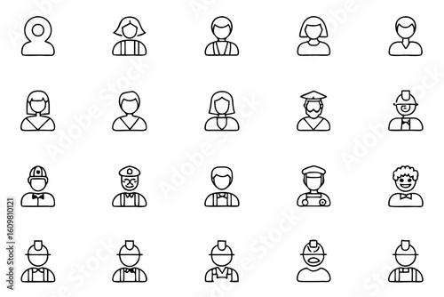 A clean and versatile line art bundle showcasing diverse professional roles through character avatars. Perfect for team sections, HR platforms, career websites, and business presentations