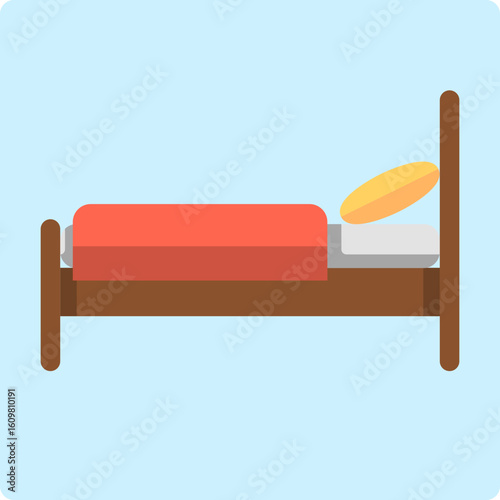 Simple flat design illustration of a bed with red blanket and yellow pillow