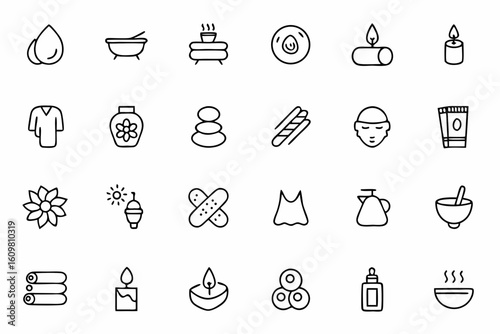 A luxurious and minimal icon set centered on pampering and spa treatments. Ideal for wellness resorts, massage centers, salon services, and aromatherapy kits