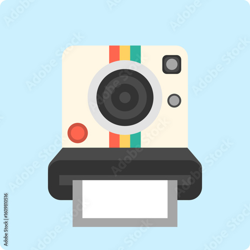 Retro instant camera with colorful stripes and blank photo output