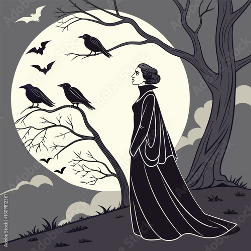 Elegant dark gothic princess illustration in a luxurious black velvet gown exuding mystery and sophistication perfect for fantasy or fashion designs
