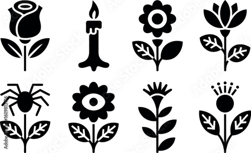 Vector floral and insect icons: minimalist black glyph style