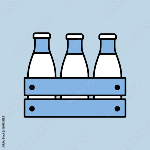 Milk wooden box. Milk bottles crate vector icon