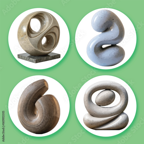 Four abstract stone sculptures in circular frames on green background vector
