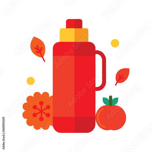 red thermos bottle with autumn decor