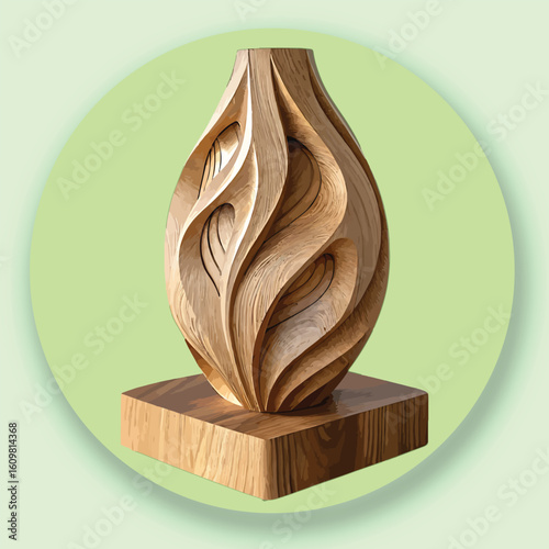 Ornate wooden sculpture with swirling carved patterns on a light green background carving