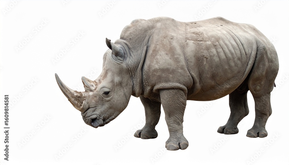 Obraz premium Powerful White Rhino Isolated, Grey, Thick Skin, Large Horn, Mammal, Wildlife, African, Endangered, 