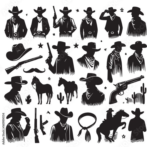 
Silhouette of a Cowboy on Horseback at Sunset

Western Cowboy Silhouette Against Dramatic Sky

Cowboy Riding Horse – Vintage Wild West Silhouette

Lone Cowboy Silhouette with Hat and Lasso

