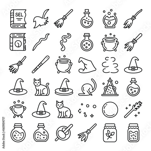 Witchcraft magic potion spell book broomstick hat cat cauldron symbols vector