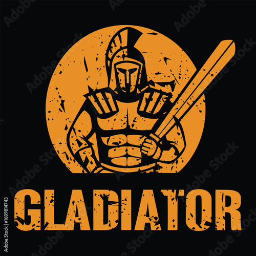 Ancient Arena: A formidable gladiator, rendered in dynamic vector art, stands poised against a textured backdrop, radiating power and courage. This artwork embodies the spirit of the arena.