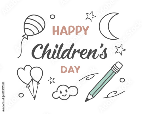 Happy Childrens Day Celebration Illustration with Balloons Pencil and Stars