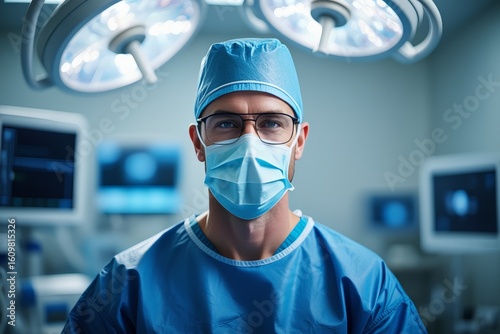 Portrait of confident surgeon in operating room wearing mask and surgical cap ready
