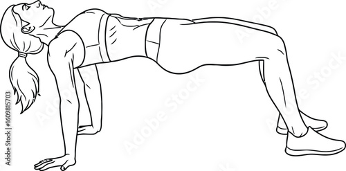 Woman performing crab walk exercise in outline vector style fitness workout