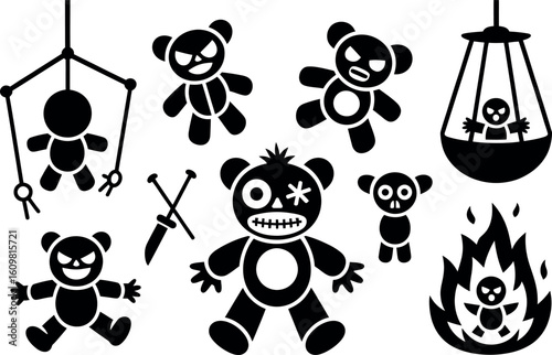 Vector illustration: Spooky black teddy bear icons, dark mood