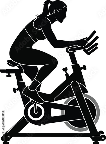Black silhouette of a woman cycling on an exercise bike stationary bike fitness