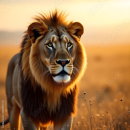 AI-generated close-up of a majestic lion standing in the golden savannah during sunset, showcasing detailed fur and intense eyes. Perfect for wildlife, nature, and animal-themed creative projects.